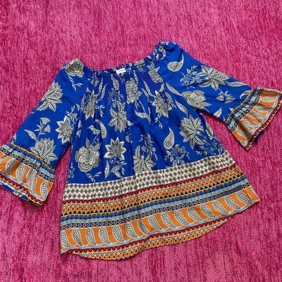 Beachlunchlounge Bell Sleeve Pullover Top Blue Orange Size Medium - Picture 1 of 9